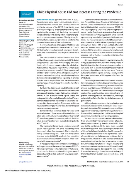 No Increase Child Physical Abuse During Pandemic Cover Cover of Jama Pediatrics No Increase Child Physical Abuse During Pandemic publication