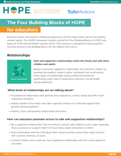 The Four Building Blocks of HOPE for educators handout